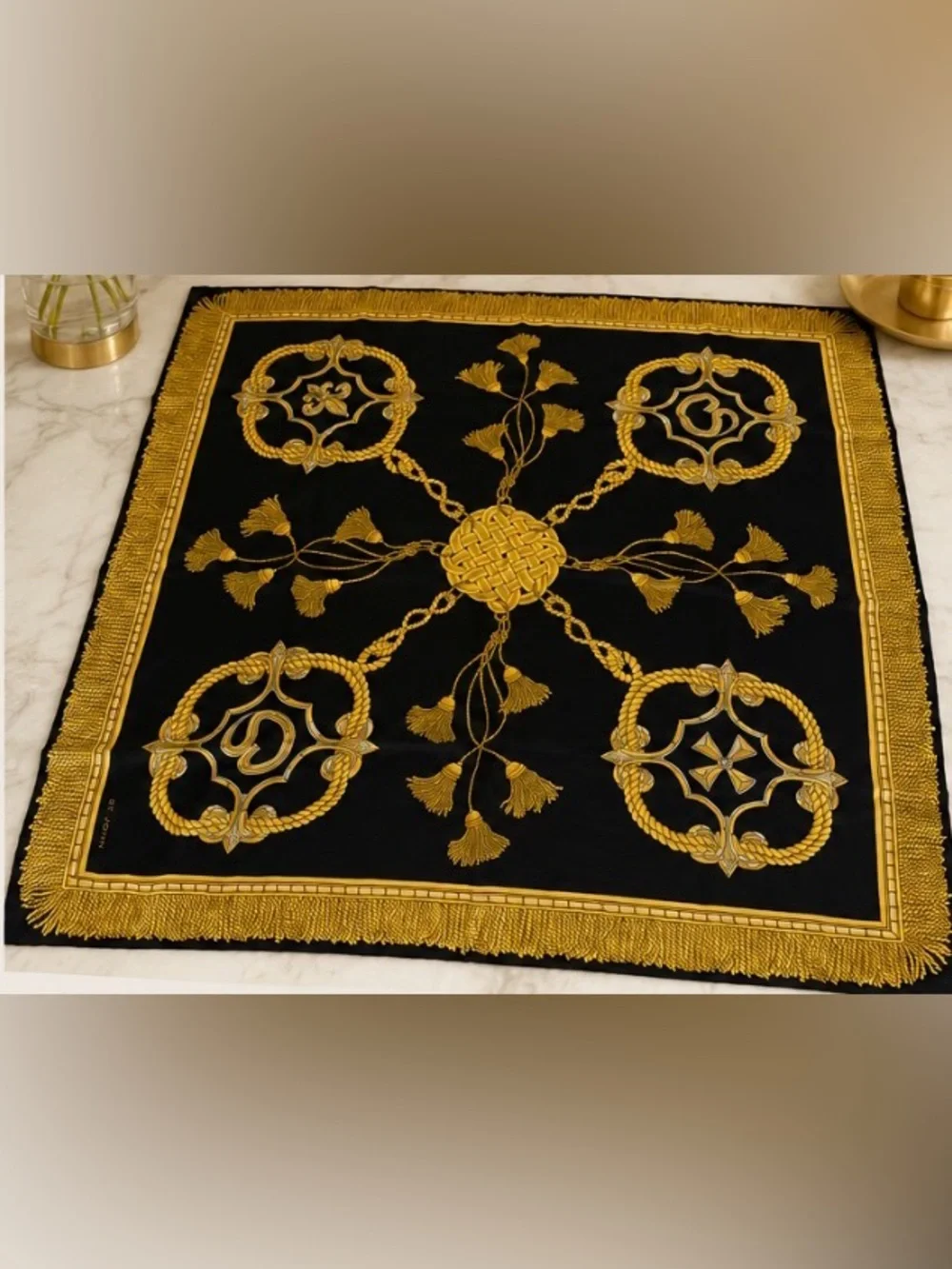 St. John Oversized 42” Silk Scarf – Black & Gold Rope Tassel Medallion Print